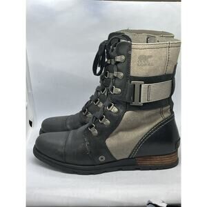 SOREL Women’s MAJOR CARLY Lace Up Leather Canvas Boot 8 Black Gray USED